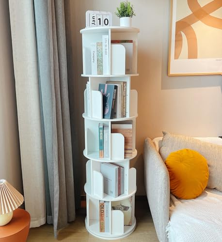 Heehee Libreria girevole in legno massello a 360 gradi, scaffale a pavimento per bambini e adulti, organizer multifunzionale per libreria (5 piani - bianco)