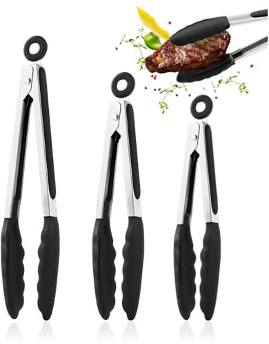 Bieiyhe 3er Set Küchenzange Edelstahl,Grillzange Broil King,Krapfenzange Mit Griff,Küchenzangen Aus Silikon,Salatzange Kuchenklammern,Lebensmittelzange,Küchenzangen Kochpinzette für Nudeln-Schwarz