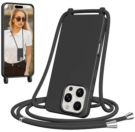 Woijrly Coque pour iPhone 16 Pro avec Cordon, Collier pour Étui en Silicone avec Tour de Cou Lanière Corde, Portable, Réglable, Amovible, Antichoc Bumper Housse pour iPhone 16 Pro Chaine, Noir