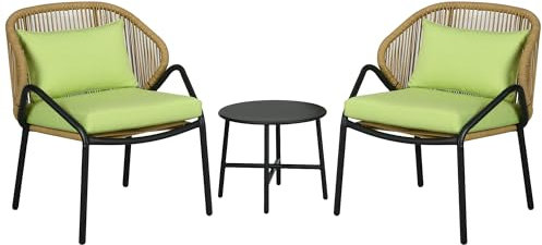 UIXENI Rattan Garden Furniture Set, 3-Piece Patio Bistro Set, 2 Armchairs with Cushions and Coffee Table, for Balcony, Garden, Indoor and Outdoor, Patio, Backyard