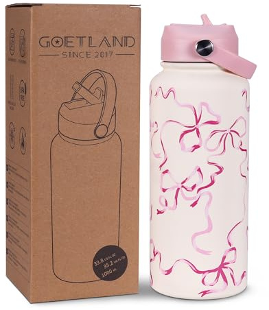 Goeland Lazos Botella Agua con Pajita Botella Termica Acero Inox 1 litro sin BPA Reutilizable Doble Pared Prueba de Fugas Aislado al Vacío Prueba Fugas para Adultos Rosa