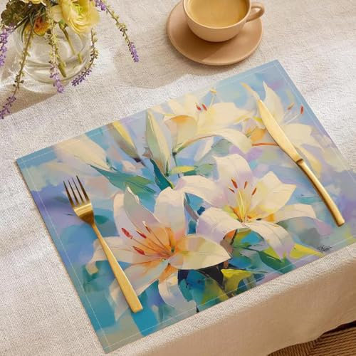 4 Pezzi Sottopiatti Giglio Dipinto A Olio Fiore, Tovagliette Lavabili, 30 x 45 cm Tovagliette Rettangolari Stampate in Lino, Adatto a cucina, soggiorno, sala da pranzo, bar