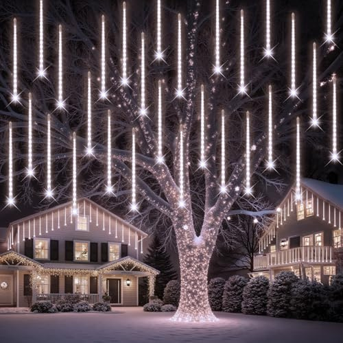 PEMOTech Weihnachtsbeleuchtung Außen,[Timerfunktion] 24 Röhren 30 CM 576 LEDs eiszapfen lichterkette außen,für Weihnachten Weihnachtsbaum, Weihnachtsdeko Aussen,Weiß