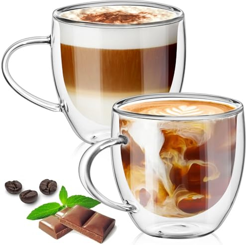 TKNO Lot de 2 verres à café à double paroi de 380 ml – Tasses isothermes en verre transparent de style barista pour latte, cappuccino, blanc plat, tasses à expresso borosilicate résistantes à la