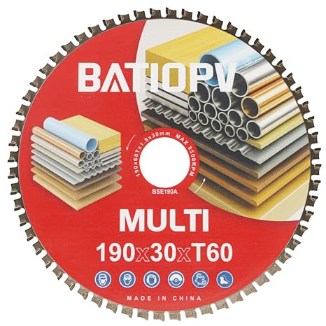 BATIOPV Lama per Sega Circolare 190 x 30 mm – Multi Materiale per Metallo (acciaio dolce, ferro, alluminio, tubi metallici), Legno e Plastica – 60 Denti TCT – Compatibile con Bosch, Makita, DeWalt