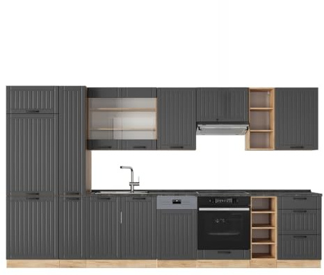 Vicco Küchenzeile Fame-Line, Dunkelgrau, 355 cm | 12 Module · Höhenverstellbare Füße · AP Anthrazit inkl. · MDF-Fronten · Softclose · Metallgriffe