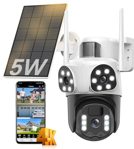 8MP Caméra de Surveillance WiFi Extérieure sans Fil,Triple Objectif Camera Solaire Extérieur avec Panneau,355° PTZ,Vision Nocturne,Suivi Automatique,Audio Bidirectionnel,PIR Détection Humaine,IP66