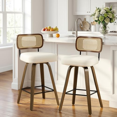 Bekrvio Lot de 2 tabourets de bar pivotants, hauteur d'assise 65 cm avec dossier, en similicuir PU et 4 pieds en bois de noyer, chaise de comptoir style milieu de siècle avec repose-pieds en métal