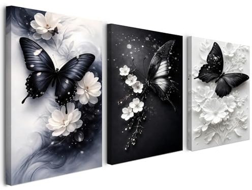 Alptiny 3er Set Leinwandbilder mit Rahmen 30x40 cm, Schmetterling Wandbilder Schwarz Weiß mit Blumen, abstrakte Wanddeko für Wohnzimmer Schlafzimmer Büro, mit Klettband und vormontierten Haken