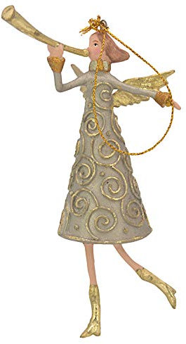 Ángel con instrumento, Deko colgador con adornos, Árbol de Navidad plata/oro, 14 cm