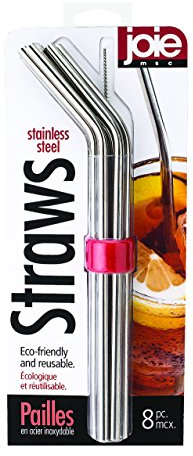 Joie Reusable Metal Straws, Stainless Steel Drinking Straws with Cleaning Brush & Travel Case, Silver, 6 count