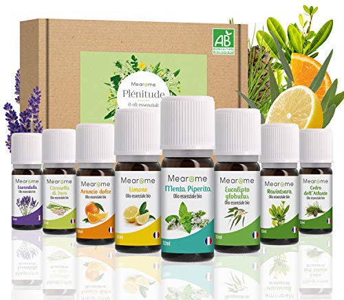 OLI ESSENZIALI BIOLOGICI | Cofanetto 8 x 10 ML | Lavanda, Eucalipto, Menta, Limone, Arancio, Cedro, Ravintsara, Citronella | Aromaterapia | Edibili | Nutrimea | Mearome