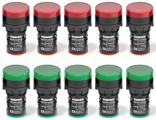 GASHER 12V/24V/110V 20mA Energy Saving Indicator Light Mounting Hole Size 22mm (7/8 Inch) Red Green (24V) 10 Pcs