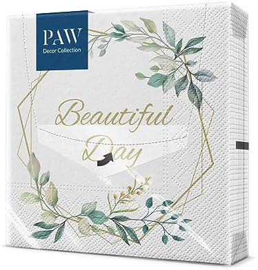 PAW - Serviette Papier 3 Plis (33 x 33 cm) I Lot de 20 I L'Élégance Sous Forme D'Ornements Intemporels Parfaites Pour les Mariages, Baptêmes, Communions, Anniversaires (Leaves Frame)