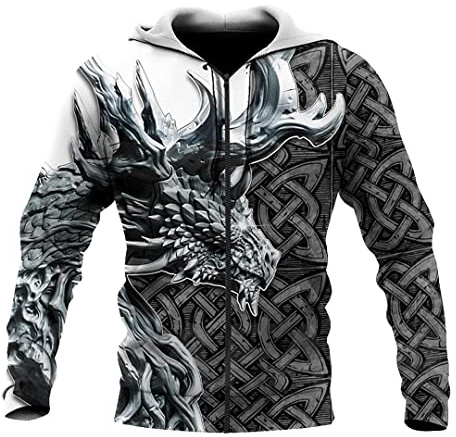 JJLLAZAD Veste À Fermeture Éclair Viking pour Hommes Noeud Celtique Dragon Tatouage Grande Poche À Capuche Automne À Manches Longues Décontracté Sweat Zippé Ample