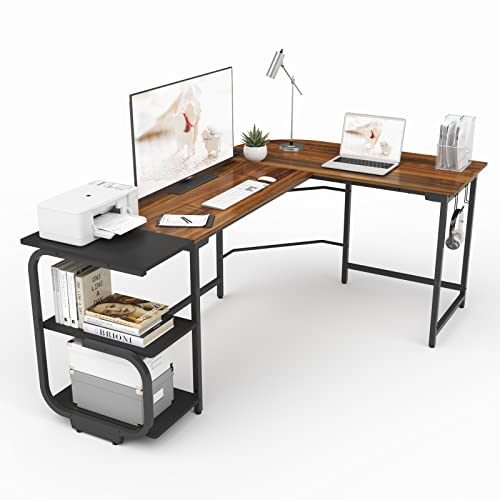 Ulifance L Shaped Corner Office Desk, Reversible Computer Desk with Shelves and Headphone Hook Gaming Desk Laptop Table Workstations for home office Teak +Black