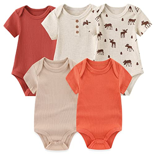 MAMIMAKA Kortärmad body för nyfödda, baby, växa bomullsväst, 5-pack, 0-12 månader, Bodysuit-4, 9-12 Months