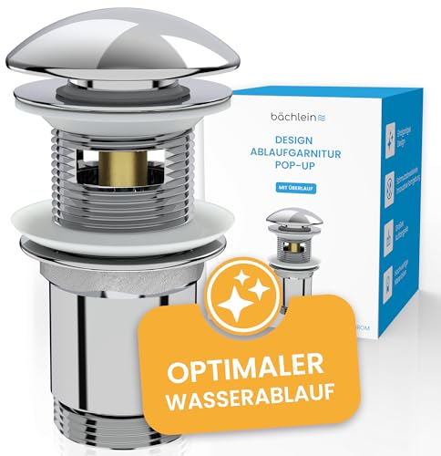 Bächlein Design Ablaufgarnitur mit Überlauf (Chrom) - Pop Up Ventil aus Messing mit innovativer Kappenform gegen Wasserflecken Kalkränder