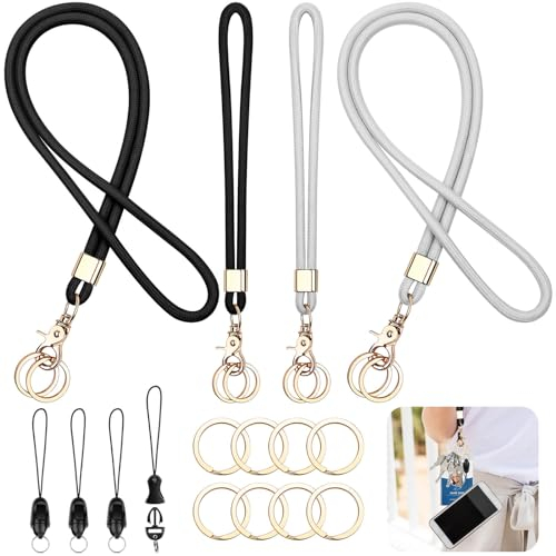 VEVOQIM Schlüsselbänder 4 Stück Lang und Kurz, Mit Karabiner, Mini Abnehmbare Schnalle, Vinyl-ID-Band, Schwarz/Grau