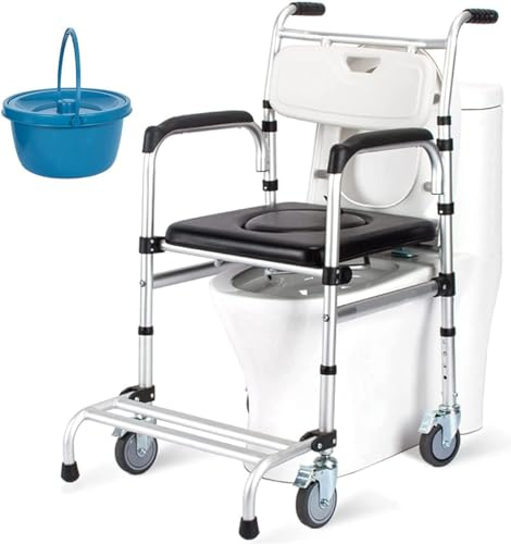 MISKYN Toilettenstuhl Für Senioren Mit Rollen, Toilettenstuhl Höhenverstellbar WC Stuhl, Dusch Toilettenstuhl Fahrbar Nachtstuhl, Duschstuhl Mit Rollen Für Behinderten, Bis 136 Kg A,B