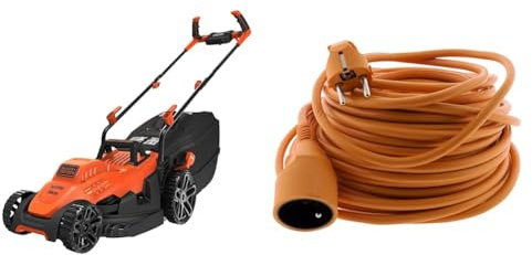 BLACK+DECKER Tondeuse Filaire 1400W, Tondeuse à Gazon Electrique 34 cm, 6 hauteurs réglables de 20 & Zenitech Prolongateur, Orange, 25 m