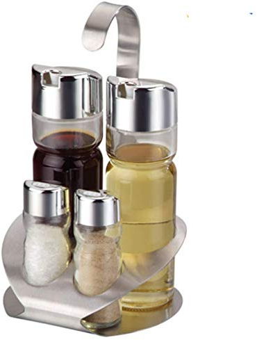 HUIHHAO Menagen-Set mit Ständer - 4- oder 5-teiliges Edelstahl-Gewürzflaschen-Set - Salz- und Pfefferstreuer - Öl- und Essigbox - Gewürzhalter - Kochutensilien - 5(Color:4)