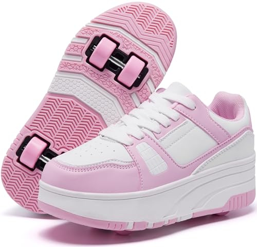 ANEFUN Rullskridskor för barn, flickor, pojkar, avtagbara modesneakers, rosa-vit 1135, 3 små barn