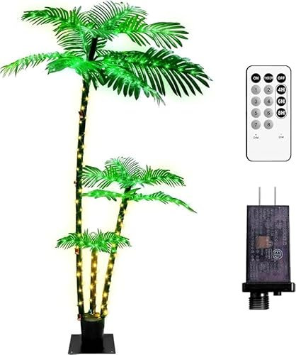 Artificial Palm Tree 6Ft 3Trunks 219LED Christmas Tree Indoor 8 Modes Timer Memory Function Lights Fake Plant Tree for Outside Patio Home Pool Yard Patio Office Party Beach Tree Decor