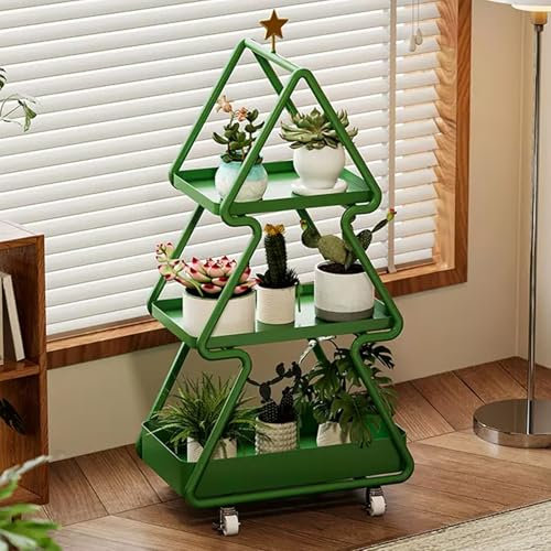 Snaweo Metall Pflanzenständer, 3-stufiger Blumenständer mit Rädern, Mehrstufiger Pflanzenregal, Multifunktionales Blumentopfständer, for Fenster, Terrasse, Balkon, Wohnzimmer, Garten(Green)