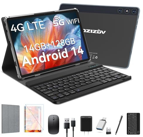 Tableta Android 14, tabletas celulares 4G con ranura dual SIM, 14 GB de RAM, 128 GB ROM (TF 1 TB) tableta de 10 pulgadas, tabletas 2 en 1 con teclado/funda, octa-core, pantalla interna, WiFi 5G + 4G