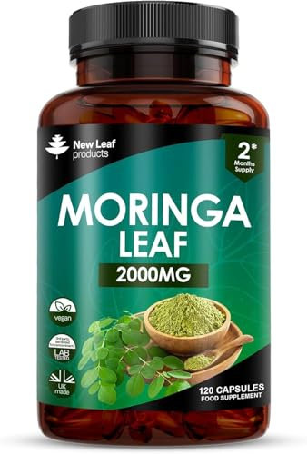 Moringa Leaf Capsules - High Strength Moringa Capsules 2000mg - Pure Vegan Extract & Powder - 120 (Two Months Supply) Enriched with Black Pepper by New Leaf