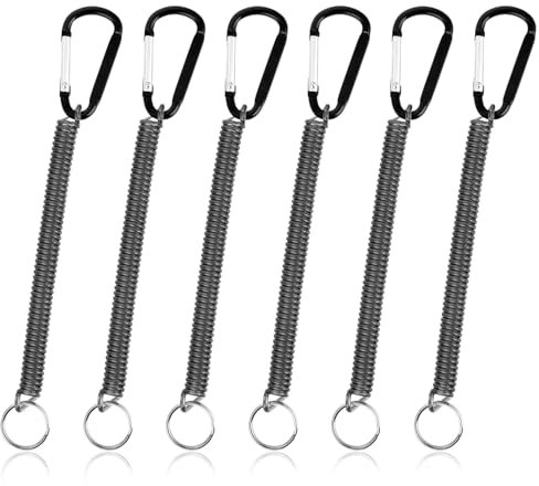 Coil Springs - Lot de 6 porte-clés noirs - Mousqueton avec câble spiralé rétractable - Avec fermeture de randonnée - Porte-cordon en spirale - Pour homme et femme - Randonnée - Camping