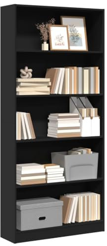 Makastle Bücherregal mit 5 Fächern, Freistehend Standregal Büroregal Aufbewahrungsregal Anzeige Regal für Wohnzimmer Schlafzimmer, Schwarz 80x24x176 cm Holzwerkstoff