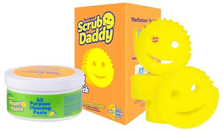 Scrub Daddy Original 4ct + PowerPaste XL - Includes Four Original Smiling Scrubbers + PowerPaste Cleansing Agent for Tough Spills and Messes