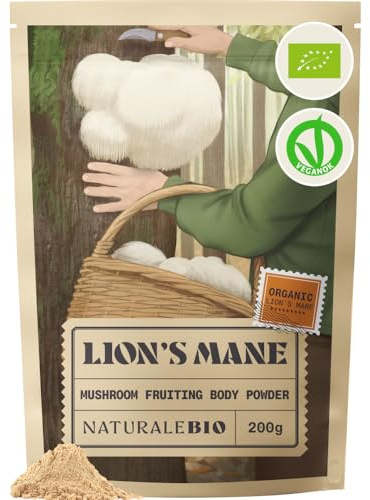 NaturaleBio Bio-Lion's-Mane-Pilzpulver aus Fruchtkörpern | 200 g. Lion's-Mane-Fruchtkörper-Pulver, von unabhängigem Labor getestet, für Kaffee, Heißgetränke, Smoothies und Rezepte.