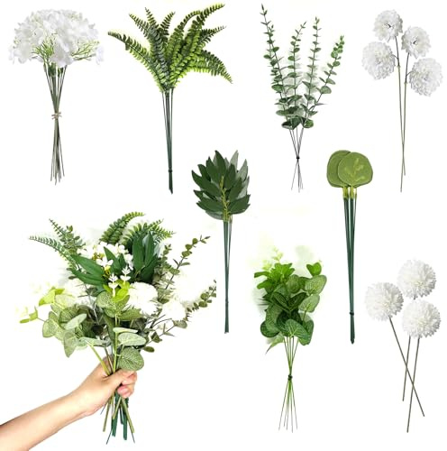 chuanhylis 55 Piezas Ramas Artificiales y Artificiales, 8 Estilos Flores Artificiales Decoracion Jarrones, DIY Eucalipto, Hojas Verdes Flores Blancas para Bodas, Decoración Mesas