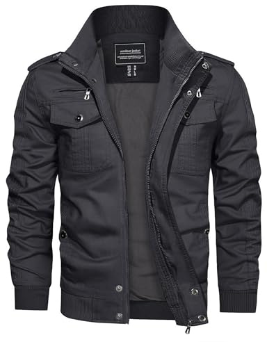 CRYSULLY Men's Cotton Lightweight Multi Pockets Zip Front Stand Collar Military Jackets