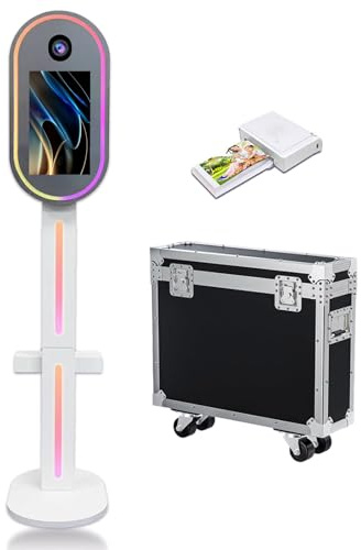 Photomaton reflex numérique avec écran tactile de 15,6, appareil photo avec étui de transport et lumière RVB pour mariage, remise de diplôme, fête, événements, location (blanc, photomaton +