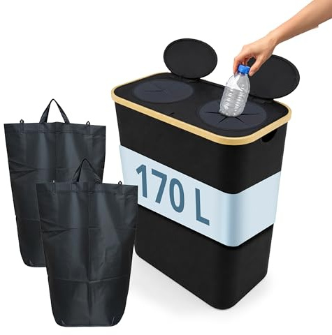 Relaxdays Conteneur pour Bouteilles 170 L, Jusqu’à 100 Bouteilles, 2 Sacs, Verre & Plastique, Noir
