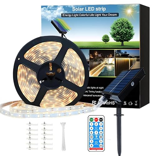Meewata 6M Solar LED Strip Lights Outdoor Waterproof with Self Adhesive, 8 Mode with Remote Timer, Perfect for Deck, Patio, Pathways, Camping Decor, Warm White