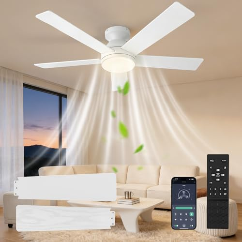 Ceiling Fans with Lights and Remote, 42 Inch 5 Blade Smart Ceiling Fan Light with 3000-6500K Light Colors 6 Speed, Dimmable, Sleep Mode, Timer, LED Fan Lights Ceiling for Bedroom Living Room, White