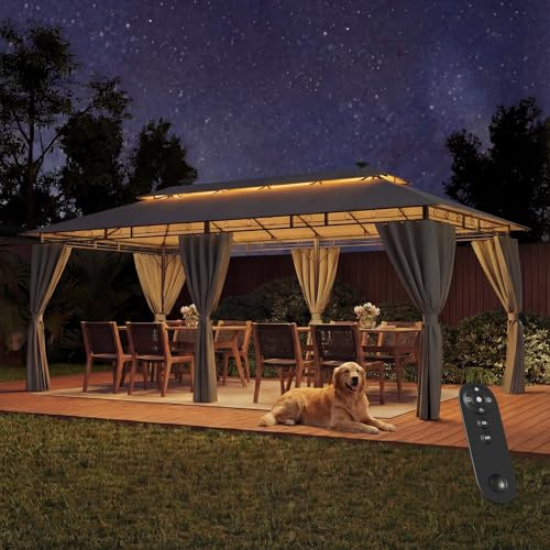 JUMMICO Garten Pavillon 3 x 6 m mit Beleuchtung, wasserdichter,Pavillon 3x3 wasserdicht stabil, geeignet für Garten und Terrasse, mit Vier Seitenwänden zum Schutz vor Sonne und Regen, Grau