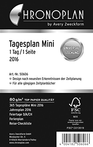 Chronoplan 50606 Kalendarium Tagesplan Mini, 1 Tag/1 Seite, 2016, 1 Stück, weiß