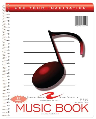 Roaring Spring Music Wire Bound Notebook, 12 Staves of Music Lines, 11 x 8.5, 32 Sheets Heavyweight Smooth White Paper (Pack of 1)
