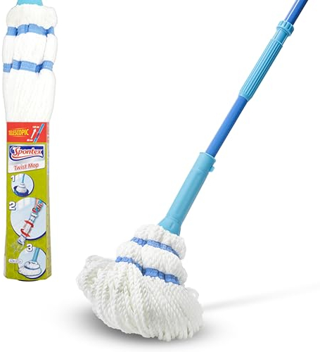 Spontex Twist Mop with Built-In Self Wringing System | Non-Scratch Scourer Pad for Tough Stains | Cleans Laminate, Wood & Tile Flooring | Washable Microfibre Mop Head