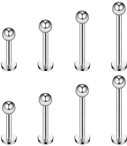 Ruifan 4prs(8pcs) 16G 316L Stainless Steel 3mm Ball Labret Monroe Lip Tragus Helix Earring Stud Barbell Ring Body Piercing Jewelry Kit Bar Length 6mm/8mm/10mm/12mm(Steel)