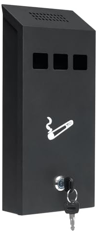 Wall Mounted Ashtray Small | Lockable Cigarette Bin Outdoor & Indoor | Black Powder Coated Smoking Bin for Offices, Restaurants, & Homes | Ash Trays with Luminous Cigarette Sign