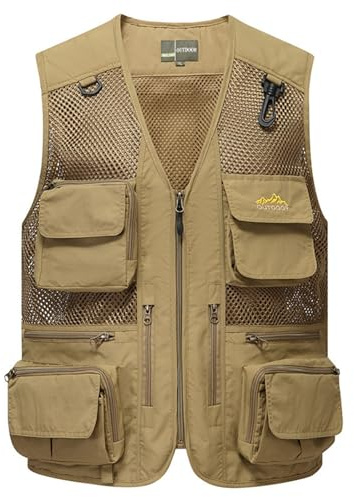 Flygo Men's Mesh Fishing Vest Multi-Pockets Quick-Dry Breathable Waistcoat for Outdoor Hunting Travels Sports (Large, Khaki)