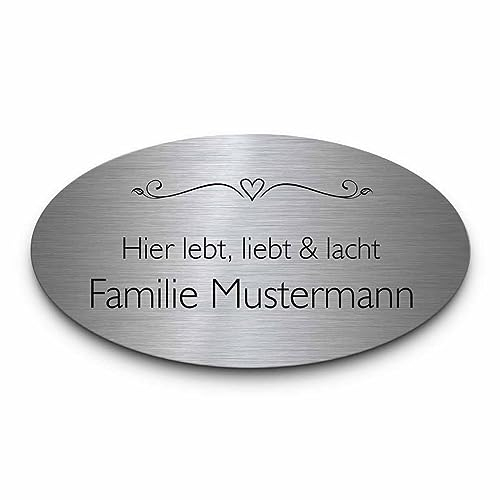 Edelstahl Türschild | edles Metallschild mit Gravur | ovale Namensschilder Briefkastenschilder selbstklebend oder mit Bohrlöchern | Schild für Gartenbank Hochzeit Haustür o. Wohnungstür