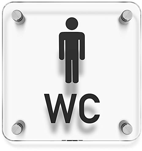 Türschilder24 WC Toiletten Wandschild/Türschild • Herren WC • 150 x 150mm. Schild besteht aus hochtransparentem 3mm Acrylglas. Inkl. 4 x Abstandshalter aus V2A Edelstahl für die Wandmontage